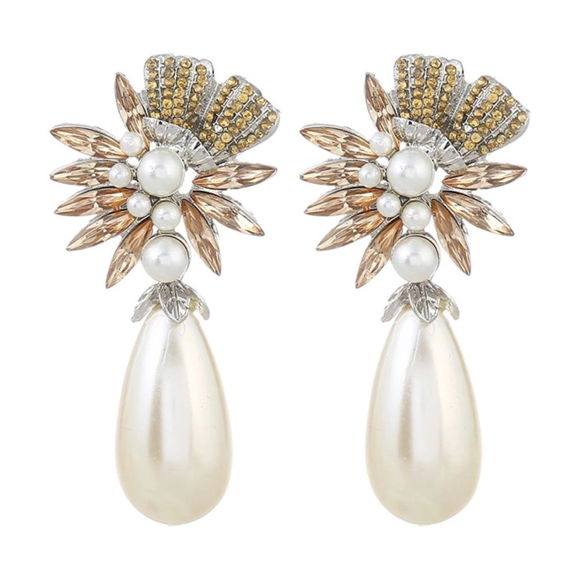 Indulgence Sunstone Earrings With Dual Color Freshwater Pearls Flower Studs  (s925 Gold Plated)