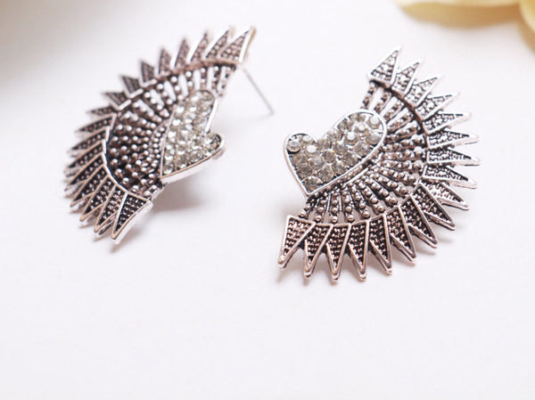 Silver Tone Hearts and Spikes Stud Earings